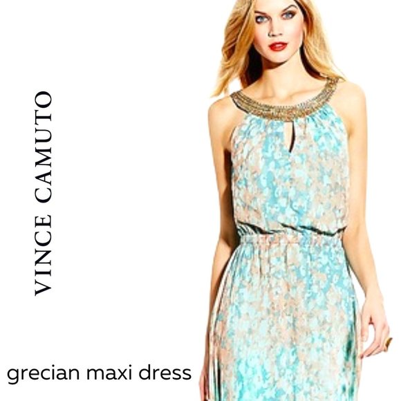 Vince Camuto Dresses & Skirts - NWOT Vince Camuto Grecian Goddess Maxi Dress Gold Beaded Neckline Sleeveless 12